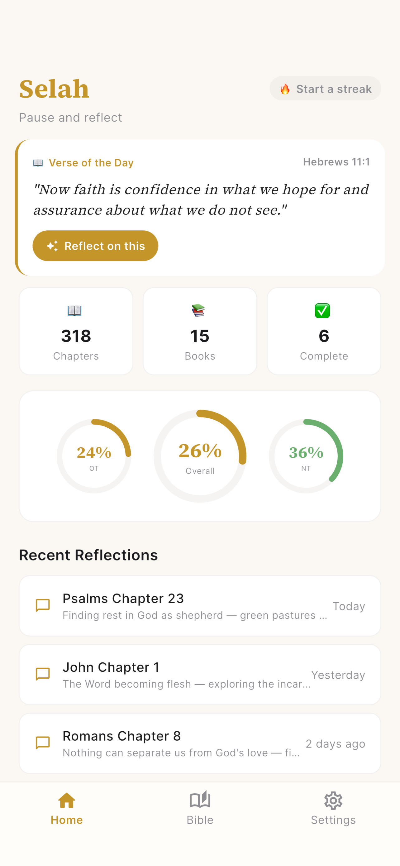 Selah home screen showing Bible reading progress