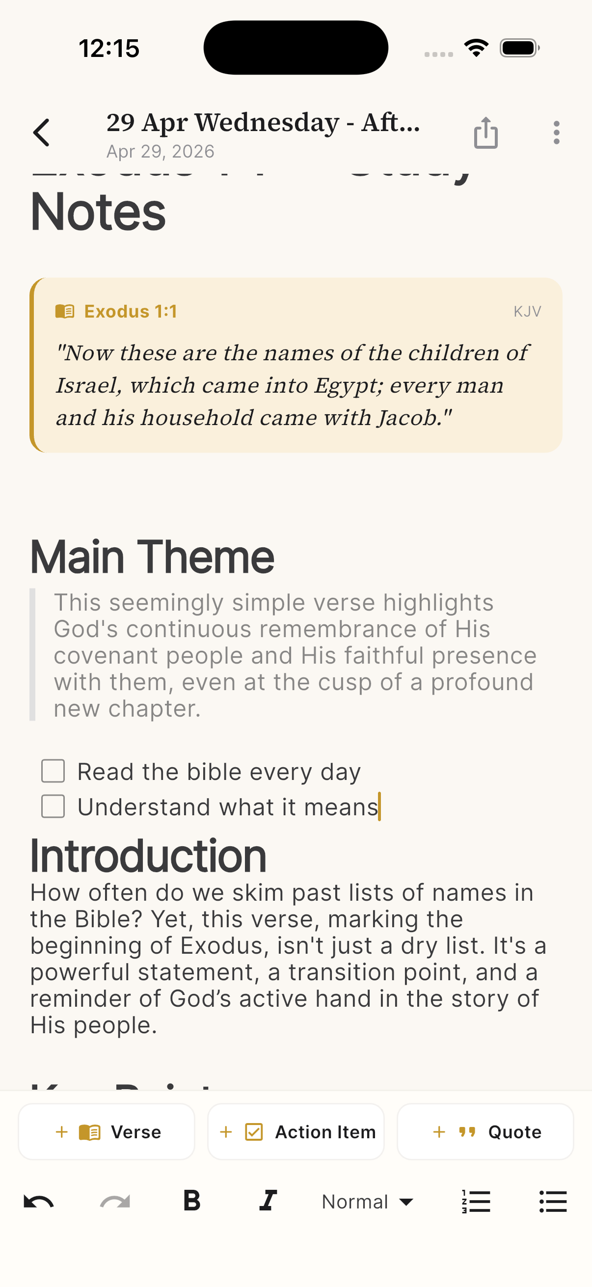 Sermon note editor with embedded Bible verse, action items, and rich text