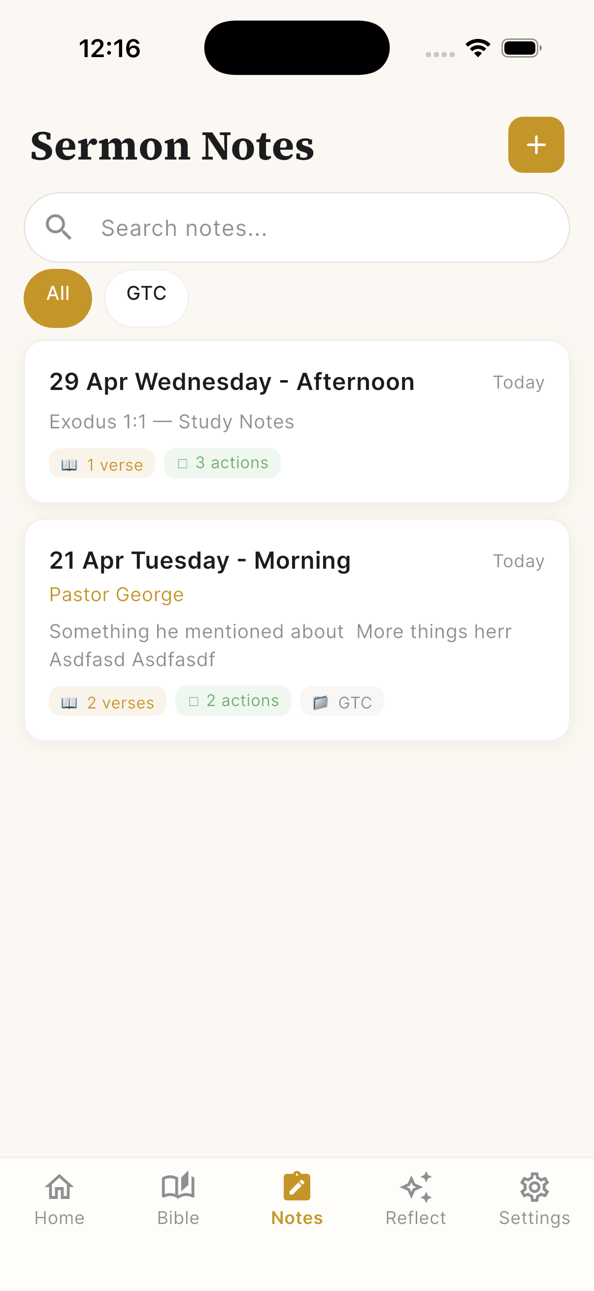 Sermon Notes list with search, tags, and note previews